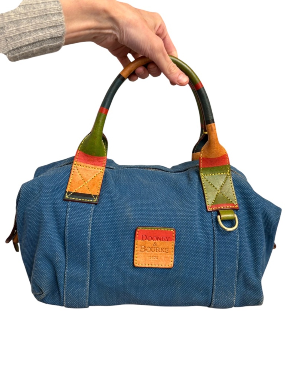 Dooney and bourke vintage blue canvas small duffle bag multicolor leather
